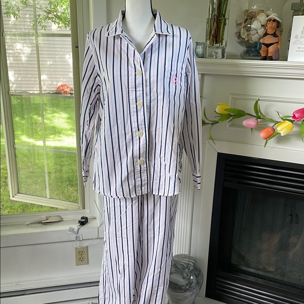 Girls' White and Navy Stripe Cotton Pajama Set